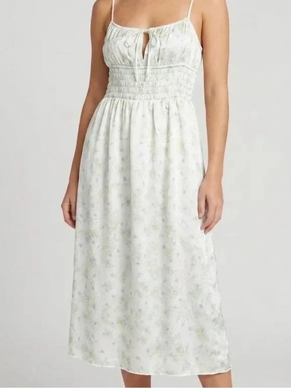 NWT ASTR the Label silky milkmaid smocked ditzy cream blue floral midi dress XS